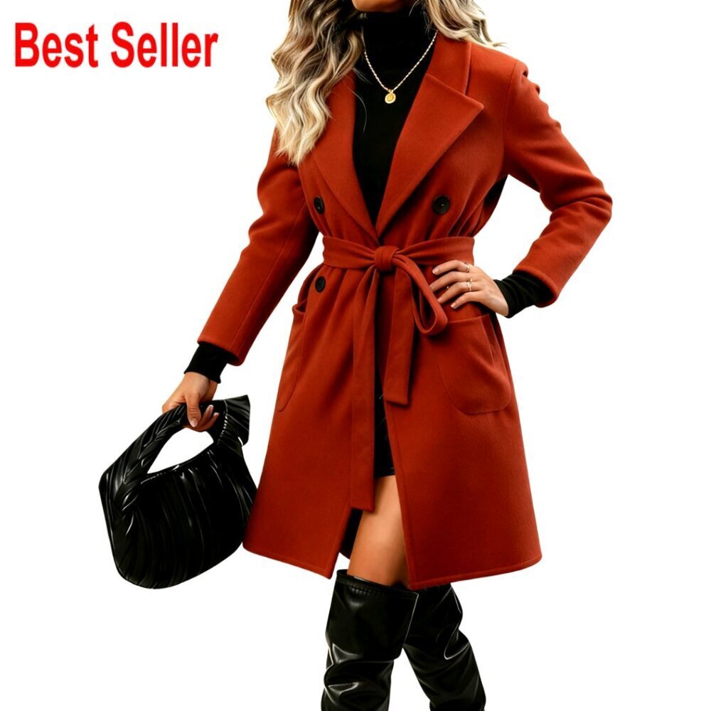 Classic Wool Pea Coat Double Breasted Belted Notched Collar Elegant Outerwear